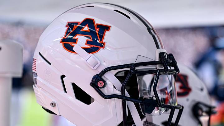 Sep 27, 2025; College Station, Texas, USA; A detail view of an Auburn Tigers helmet on the sideline during the game against the Texas A&M Aggies at Kyle Field. Mandatory Credit: Maria Lysaker-Imagn Images