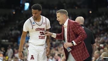 Mar 24, 2024; Spokane, WA, USA; Alabama Crimson Tide guard Rylan Griffen (3) celebrates with Alabama Crimson Tide head coach Nate Oates in the second half against the Grand Canyon Antelopes at Spokane Veterans Memorial Arena. Mandatory Credit: Kirby Lee-Imagn Images