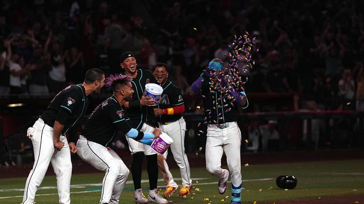 May 19, 2026; Phoenix, Arizona, USA; Arizona Diamondbacks second baseman Ketel Marte (4) is greeted by teammates with bubble gum after hitting a three run walk off home run against the San Francisco Giants during the ninth inning at Chase Field. Mandatory Credit: Joe Camporeale-Imagn Images