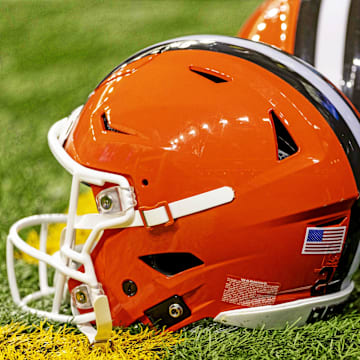 Sep 28, 2025; Detroit, Michigan, USA; A general view of the Cleveland Browns helmets on the field before the game against the Detroit Lions at Ford Field. Mandatory Credit: David Reginek-Imagn Images