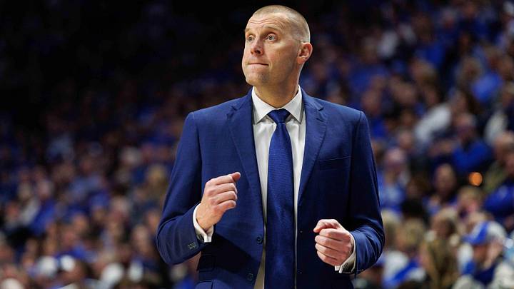 Nov 22, 2024; Lexington, Kentucky, USA; Kentucky Wildcats head coach Mark Pope reacts to the action during the second half against the Jackson State Tigers at Rupp Arena at Central Bank Center. Mandatory Credit: Jordan Prather-Imagn Images