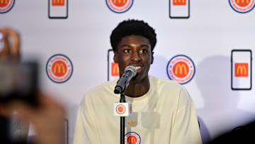 Apr 1, 2024; Houston, TX, USA; McDonald's All American East guard Drake Powell speaks during a press conference at JW Marriott Houston by The Galleria. Mandatory Credit: Maria Lysaker-USA TODAY Sports