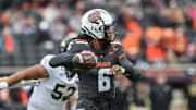 Oct 11, 2025; Corvallis, Oregon, USA; Oregon State Beavers quarterback Maalik Murphy (6) drops back to pass the ball in the second quarter against the Wake Forest Demon Deacons at Reser Stadium. Mandatory Credit: Craig Strobeck-Imagn Images
