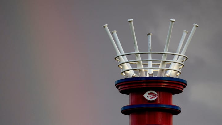 A rainbow next to one of the outfield smoke stacks at Great American Ball Park in Cincinnati on Saturday, Aug. 17, 2024.