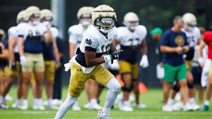 Notre Dame wide receiver Kris Mitchell runs the ball up the field during a Notre Dame football practice at Irish Athletic Center on Tuesday, Aug. 6, 2024, in South Bend.