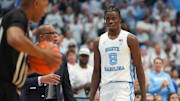Nov 7, 2025; Chapel Hill, North Carolina, USA;  North Carolina Tar Heels forward Caleb Wilson (8) on the court in the first half at Dean E. Smith Center. Mandatory Credit: Bob Donnan-Imagn Images