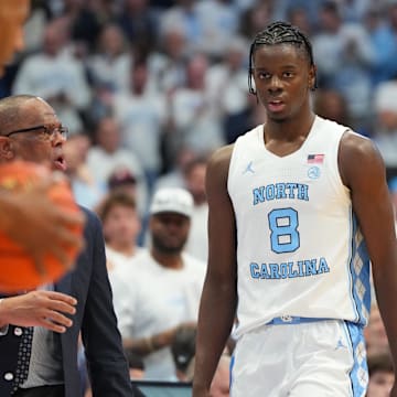 Nov 7, 2025; Chapel Hill, North Carolina, USA;  North Carolina Tar Heels forward Caleb Wilson (8) on the court in the first half at Dean E. Smith Center. Mandatory Credit: Bob Donnan-Imagn Images