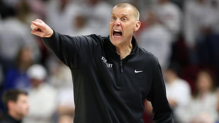Jan 31, 2026; Fayetteville, Arkansas, USA; Kentucky Wildcats head coach Mark Pope during the game against the Arkansas Razorbacks at Bud Walton Arena. Kentucky won 85-77. Mandatory Credit: Nelson Chenault-Imagn Images