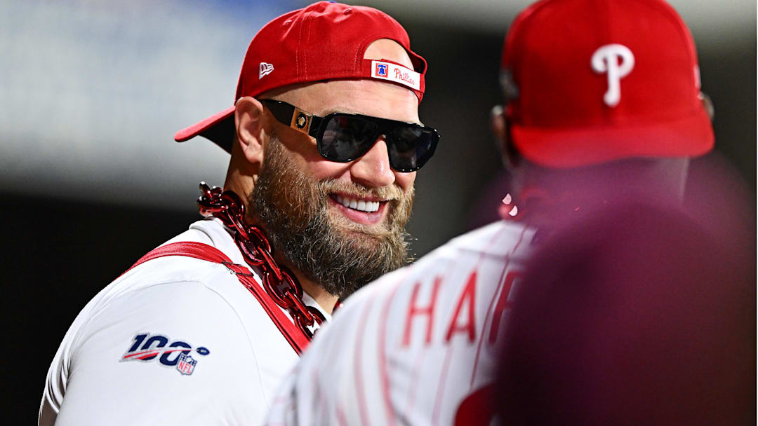 Philadelphia Eagles player Lane Johnson watches during the fifth inning in game six of the NLCS for the 2023 MLB playoffs between the Philadelphia Phillies and the Arizona Diamondbacks at Citizens Bank Park.