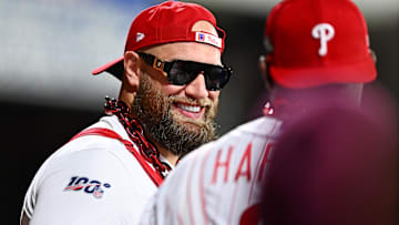 Philadelphia Eagles player Lane Johnson watches during the fifth inning in game six of the NLCS for the 2023 MLB playoffs between the Philadelphia Phillies and the Arizona Diamondbacks at Citizens Bank Park.
