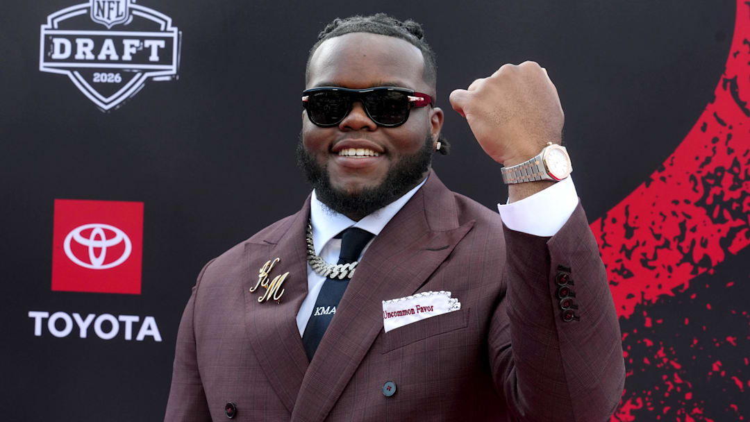 Apr 23, 2026; Pittsburgh, PA, USA; Ohio State Buckeyes defensive tackle Kayden McDonald poses on the red carpet before the 2026 NFL Draft at Point State Park. Mandatory Credit: Kirby Lee-Imagn Images