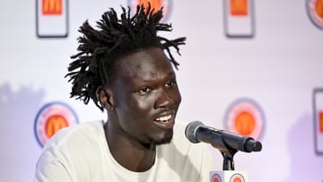 Apr 1, 2024; Houston, TX, USA; McDonald's All American East center John Bol speaks during a press conference at JW Marriott Houston by The Galleria. Mandatory Credit: Maria Lysaker-USA TODAY Sports