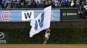 Clarke the Chicago Cubs mascot runs with the flag after a game against the Cincinnati Reds at Wrigley Field. 