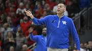 Nov 11, 2025; Louisville, Kentucky, USA; Kentucky Wildcats head coach Mark Pope calls out instructions during the first half against the Louisville Cardinals at KFC Yum! Center. Mandatory Credit: Jamie Rhodes-Imagn Images