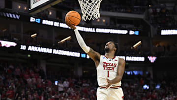 Mar 27, 2025; San Francisco, CA, USA; Texas Tech Red Raiders guard Kevin Overton (1) shoots a layup during the second half against the Arkansas Razorbacks during a West Regional semifinal of the 2025 NCAA tournament at Chase Center. Mandatory Credit: Eakin Howard-Imagn Images