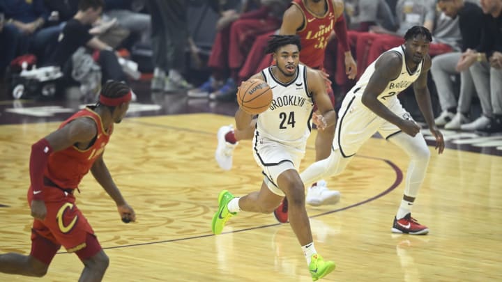 Mar 10, 2024; Cleveland, Ohio, USA; Brooklyn Nets guard Cam Thomas (24) brings the ball up court in the first quarter against the Cleveland Cavaliers at Rocket Mortgage FieldHouse. Mandatory Credit: David Richard-USA TODAY Sports