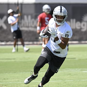 Jun 11, 2025; Henderson, NV, USA; Las Vegas Raiders wide receiver Collin Johnson (17) runs through a drill during Las Vegas Raiders Minicamp at Intermountain Health Performance Center. Mandatory Credit: Candice Ward-Imagn Images