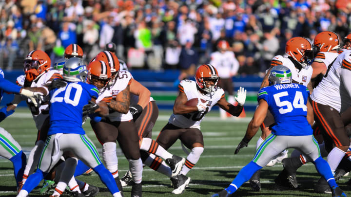 Oct 29, 2023; Seattle, Washington, USA; Cleveland Browns running back Pierre Strong Jr. (20) carries the ball against the Seattle Seahawks at Lumen Field. Mandatory Credit: Steven Bisig-USA TODAY Sports