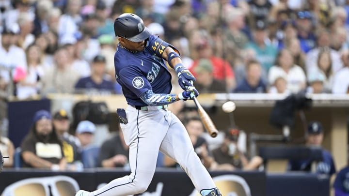 Seattle Mariners center fielder Julio Rodriguez (44) hits a solo home run during the fifth inning against the San Diego Padres at Petco Park on June 9.