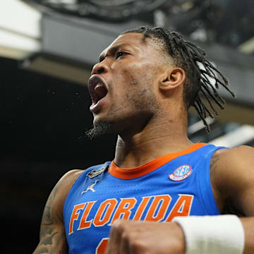 Apr 7, 2025; San Antonio, TX, USA; Florida Gators guard Alijah Martin (15) reacts after a play against the Houston Cougars during the second half of the national championship game of the Final Four of the 2025 NCAA Tournament at the Alamodome. Mandatory Credit: Bob Donnan-Imagn Images