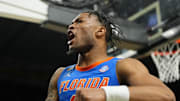Apr 7, 2025; San Antonio, TX, USA; Florida Gators guard Alijah Martin (15) reacts after a play against the Houston Cougars during the second half of the national championship game of the Final Four of the 2025 NCAA Tournament at the Alamodome. Mandatory Credit: Bob Donnan-Imagn Images