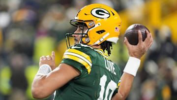 Dec 23, 2024; Green Bay, Wisconsin, USA;  Green Bay Packers quarterback Jordan Love (10) throws a pass during warmups prior to the game against the New Orleans Saints at Lambeau Field. Mandatory Credit: Jeff Hanisch-Imagn Images