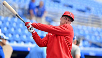 Feb 25, 2025; Dunedin, Florida, USA; St. Louis Cardinals designated hitter JJ Wetherholt (87) prepares for batting practice  before a spring training game against the Toronto Blue Jays at TD Ballpark. Mandatory Credit: Jonathan Dyer-Imagn Images