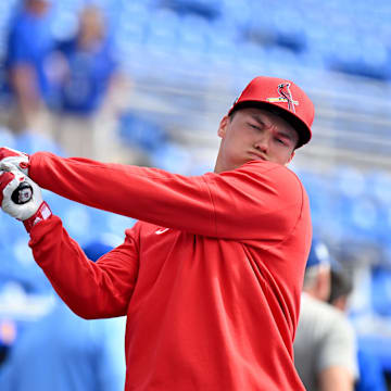 Feb 25, 2025; Dunedin, Florida, USA; St. Louis Cardinals designated hitter JJ Wetherholt (87) prepares for batting practice  before a spring training game against the Toronto Blue Jays at TD Ballpark. Mandatory Credit: Jonathan Dyer-Imagn Images