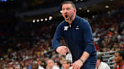 Mar 23, 2025; Milwaukee, WI, USA;  Mississippi Rebels head coach Chris Beard reacts during the first half in the second round of the NCAA Tournament against the Iowa State Cyclones at Fiserv Forum. Mandatory Credit: Benny Sieu-Imagn Images