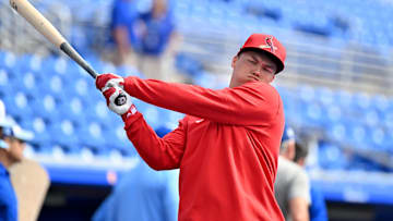 St. Louis Cardinals JJ Wetherholt prepares for batting practice  before a spring training game against the Toronto Blue Jays at TD Ballpark.