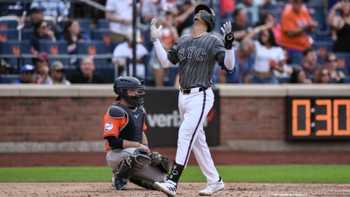 Jun 29, 2024; New York City, New York, USA; New York Mets third baseman Mark Vientos (27) reacts after hitting a solo home run against the Houston Astros during the third inning at Citi Field. Mandatory Credit: John Jones-USA TODAY Sports