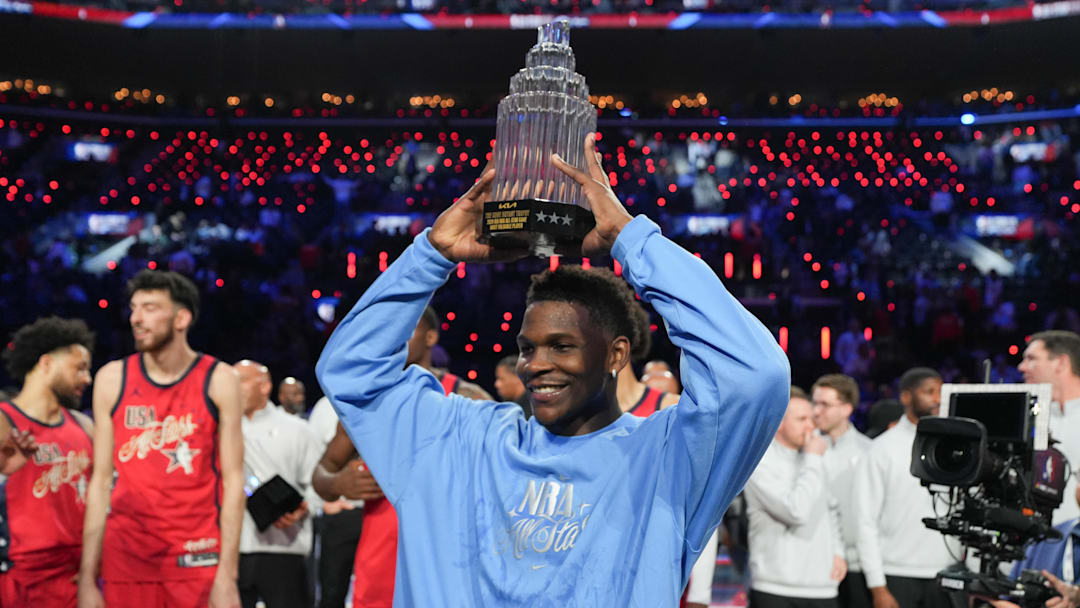 Feb 15, 2026; Inglewood, California, USA; Team USA Stars guard Anthony Edwards (5) of the Minnesota Timberwolves poses with the MVP trophy after the 75th NBA All Star Game at Intuit Dome. Mandatory Credit: Kirby Lee-Imagn Images Feb 15, 2026; Inglewood, California, USA; Team USA Stars guard Anthony Edwards (5) of the Minnesota Timberwolves poses with the MVP trophy after the 75th NBA All Star Game at Intuit Dome. Mandatory Credit: Kirby Lee-Imagn Images