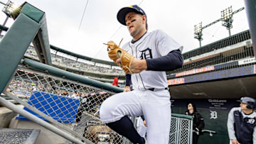 Apr 26, 2025; Detroit, Michigan, USA; Detroit Tigers third base Jace Jung (17) takes the field to start the game against the Baltimore Orioles during game one of a double header at Comerica Park. Mandatory Credit: David Reginek-Imagn Images