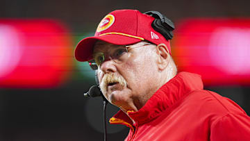 Sep 5, 2024; Kansas City, Missouri, USA; Kansas City Chiefs head coach Andy Reid reacts during the first half against the Baltimore Ravens at GEHA Field at Arrowhead Stadium. Mandatory Credit: Jay Biggerstaff-Imagn Images