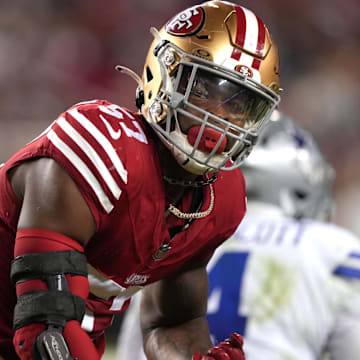 Oct 8, 2023; Santa Clara, California, USA; San Francisco 49ers linebacker Dre Greenlaw (57) reacts after a sack against the Dallas Cowboys during the second quarter at Levi's Stadium. Mandatory Credit: Darren Yamashita-Imagn Images