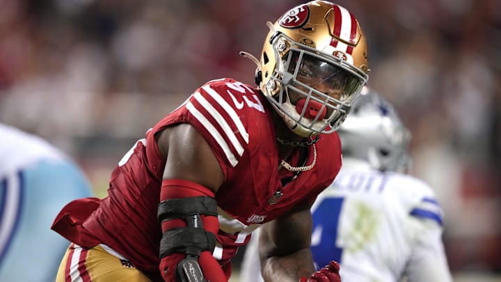 Oct 8, 2023; Santa Clara, California, USA; San Francisco 49ers linebacker Dre Greenlaw (57) reacts after a sack against the Dallas Cowboys during the second quarter at Levi's Stadium. Mandatory Credit: Darren Yamashita-Imagn Images