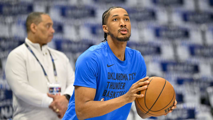 May 13, 2024; Dallas, Texas, USA; Oklahoma City Thunder guard Aaron Wiggins (21) warms up before the game between the Dallas Mavericks and the Oklahoma City Thunder in game four of the second round for the 2024 NBA playoffs at American Airlines Center. Mandatory Credit: Jerome Miron-USA TODAY Sports