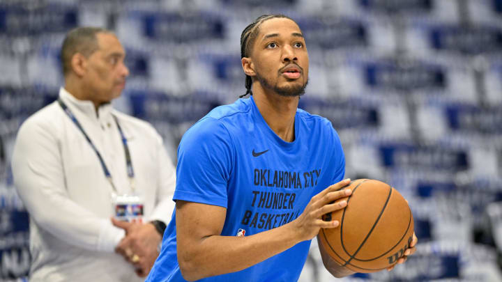 May 13, 2024; Dallas, Texas, USA; Oklahoma City Thunder guard Aaron Wiggins (21) warms up before the game between the Dallas Mavericks and the Oklahoma City Thunder in game four of the second round for the 2024 NBA playoffs at American Airlines Center. Mandatory Credit: Jerome Miron-USA TODAY Sports