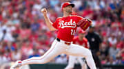 Cincinnati Reds center fielder TJ Friedl (29) pitches in the fifth inning between Cincinnati Reds and Chicago Cubs at Great American Ball Park in Cincinnati on Sept. 21, 2025.
