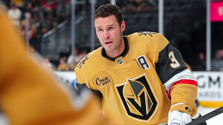 Apr 15, 2026; Las Vegas, Nevada, USA; Vegas Golden Knights defenseman Brayden McNabb (3) warms up before a game against the Seattle Kraken at T-Mobile Arena. Mandatory Credit: Stephen R. Sylvanie-Imagn Images