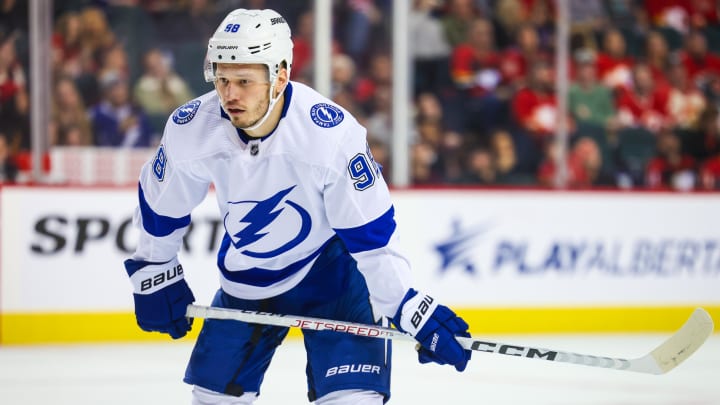 Dec 16, 2023; Calgary, Alberta, CAN; Tampa Bay Lightning defenseman Mikhail Sergachev (98) during the face off against the Calgary Flames during the third period at Scotiabank Saddledome. Mandatory Credit: Sergei Belski-USA TODAY Sports