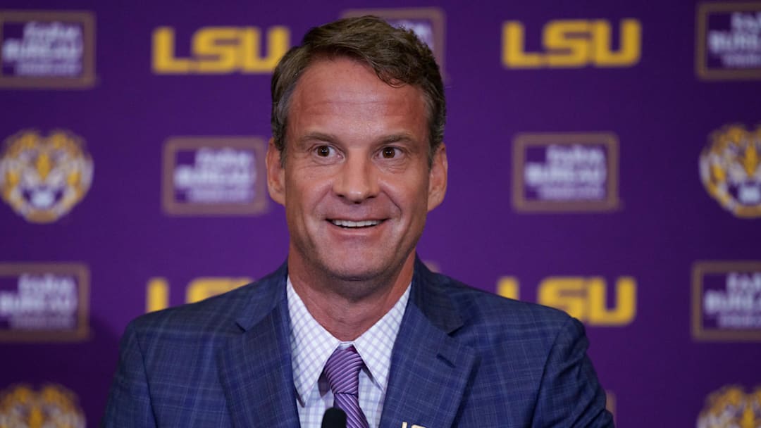 Dec 1, 2025; Baton Rouge, LA, USA; LSU new head coach Lane Kiffin speaks at South Stadium Club at Tiger Stadium. Mandatory Credit: Matthew Hinton-Imagn Images