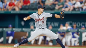 Jun 4, 2024; Arlington, Texas, USA; Detroit Tigers pitcher Jack Flaherty (9) throws during the first inning against the Texas Rangers at Globe Life Field. Mandatory Credit: Andrew Dieb-USA TODAY Sports