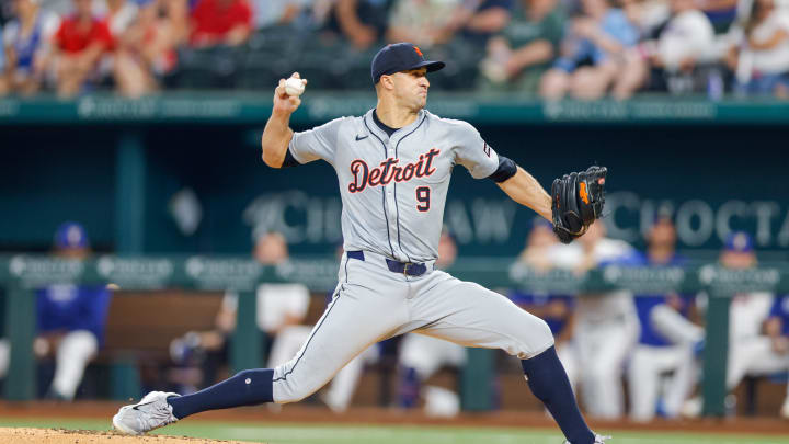 Jun 4, 2024; Arlington, Texas, USA; Detroit Tigers pitcher Jack Flaherty (9) throws during the first inning against the Texas Rangers at Globe Life Field. Mandatory Credit: Andrew Dieb-USA TODAY Sports