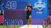Feb 28, 2025; Indianapolis, IN, USA;  California defensive back Nohl Williams (DB35) runs in the 40 yard dash during the 2025 NFL Combine at Lucas Oil Stadium. Mandatory Credit: Kirby Lee-Imagn Images