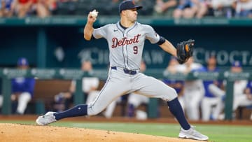 Jun 4, 2024; Arlington, Texas, USA; Detroit Tigers pitcher Jack Flaherty (9) throws during the first inning against the Texas Rangers at Globe Life Field. Mandatory Credit: Andrew Dieb-USA TODAY Sports