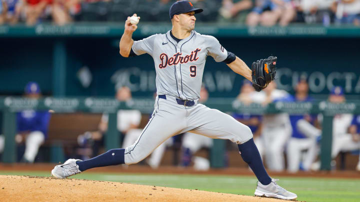 Jun 4, 2024; Arlington, Texas, USA; Detroit Tigers pitcher Jack Flaherty (9) throws during the first inning against the Texas Rangers at Globe Life Field. Mandatory Credit: Andrew Dieb-USA TODAY Sports