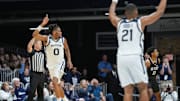 Butler Bulldogs forward Augusto Cassia (0) celebrates scoring three points Monday, Nov. 4, 2024, during the game at Hinkle Fieldhouse in Indianapolis. The Butler Bulldogs defeated the Missouri State Bears, 72-65.