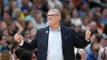 Apr 6, 2025; Tampa, FL, USA; Connecticut Huskies head coach Geno Auriemma looks on during the second half against the South Carolina Gamecocks of the national championship of the women's 2025 NCAA tournament at Amalie Arena. Mandatory Credit: Kirby Lee-Imagn Images