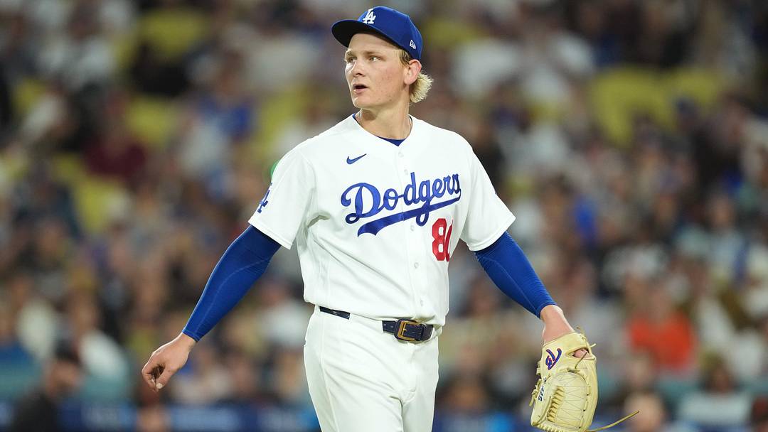 May 14, 2026; Los Angeles, California, USA; Los Angeles Dodgers pitcher Emmet Sheehan (80) reacts at the end of the fourth inning against the San Francisco Giants at Dodger Stadium. Mandatory Credit: Kirby Lee-Imagn Images